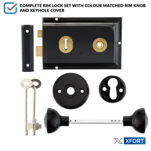 XFORT Rim Knob Set Black, Complete with A Rim Lock, Plastic Rim Door Knob and Escutcheons