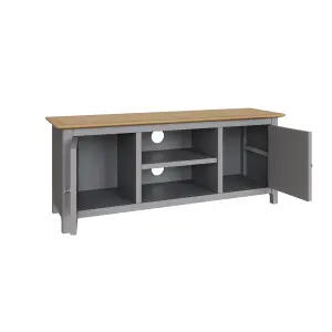 2 Door Solid Oak Ready Assembled TV Unit Graphite Blue