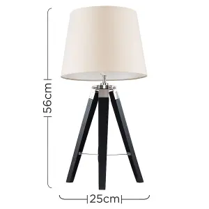 ValueLights Clipper Modern Black Wood and Silver Chrome Tripod Table Lamp with Beige Light Shade