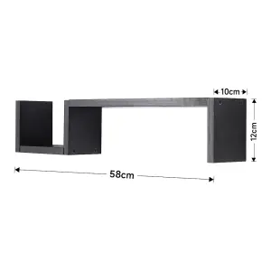 Set of 2 Black Wooden Wall Mounted Floating Shelves 58cm (W) x 10cm (D) x 12cm (H)