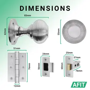 AFIT Beehive Door Knob Set Satin Chrome - 2 Pairs of Reeded Mortice Knobs (55mm), Latch (76mm) & Hinges (76mm) for Internal Doors