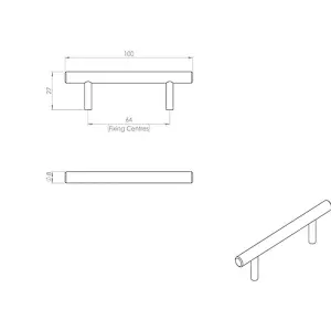 2x Mini Round T Bar Pull Handle 100 x 8mm 64mm Fixing Centres Satin Nickel