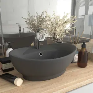 Belfry Bathroom Pearlene 390mm W Ceramic Oval Sink with Overflow Dark Grey