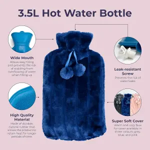 3.5L Extra Large Hot Water Bottle with Washable Blue Faux Fur Cover - Pain Relief, Hand Warmer, Hot & Cold Compress