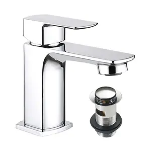 Rounded Square Chrome Basin Tap & Bath Filler Tap Pack Including Full Cover Slotted Basin Waste