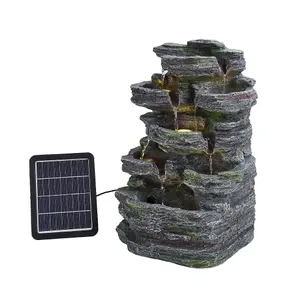 Grey Faux Rock Solar Power Resin Garden Water Fountain Water Feature with LED Lights