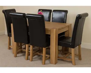 Kuba 125 x 80 cm Chunky Oak Small Dining Table and 6 Chairs Dining Set with Washington Black Leather Chairs