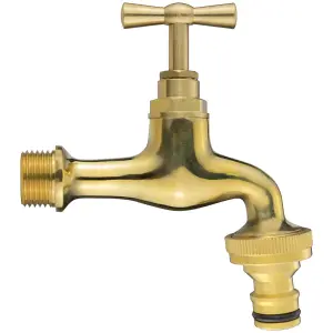 Garden Tap Faucet Mixer, Solid Brass, Polished, 1/2" BSPM with Quick Release Hose Connector