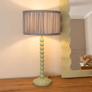 ValueLights Bobbins Sage Green Table Lamp with Ruched Pleated Blue Drum Lamp Shade and LED Bulb