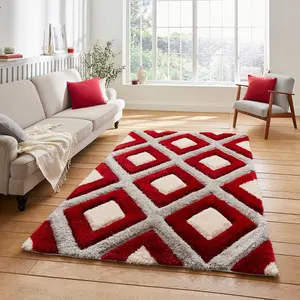 Grey Red Modern Shaggy Geometric Rug For Dining Room-120cm X 170cm