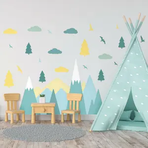 Walplus Colourful Mountains Landscape,Green, Scandinavian Style, Children Wall Stickers Kids Sticker PVC Yellow & Blue