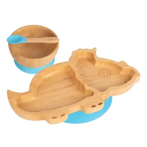 Tiny Dining - Children's Bamboo Suction Dinosaur Dinner Set - Blue