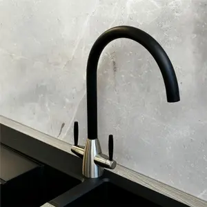 Liquida LB01BL Swan Neck Twin Lever Brushed Steel and Black Kitchen Tap