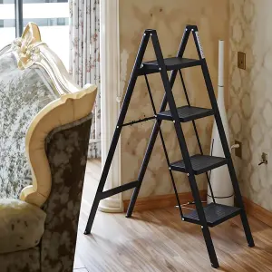 Black 4 Step Ladder Folding Metal Non Slip Stool Heavy Duty Carbon Steel