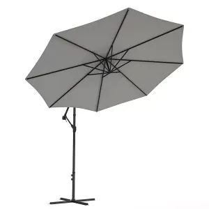 3M Large Rotatable Garden Sun Shade Cantilever Parasol Patio Hanging Banana Umbrella Crank Tilt with Cross Base, Light Grey