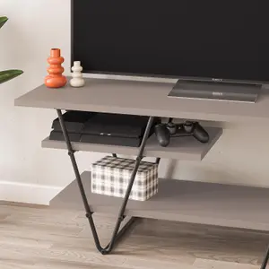 FWStyle TV Unit 3 Tier Mocha Grey Scratch Resistant Modern Black Metal Frame