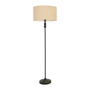 ValueLights Maggie Black Metal Candlestick Floor Lamp with Natural Fabric Lamp Shade and LED Bulb