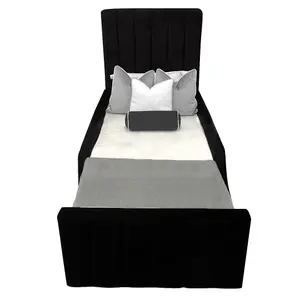 Delia Sleigh Kids Bed Gaslift Ottoman Plush Velvet with Safety Siderails- Black