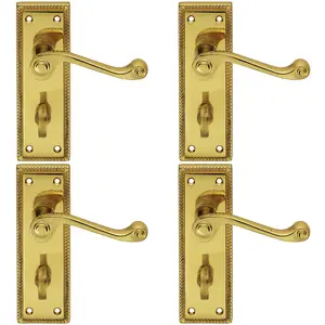 4 PACK - Georgian Scroll Bathroom Latch Door Handle - Polished Brass Lever on Backplate