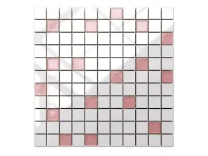 Ceramic mosaic with glass inserts on mesh for bathroom or kitchen 300mm x 300mm - Pink beads