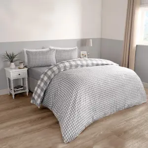 Gingham Duvet Cover Reversible Bedding Set, Grey - King