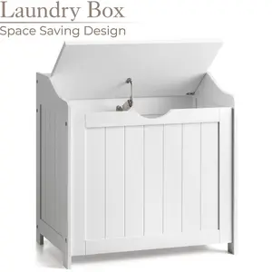 White Laundry Box Wooden Bathroom Storage Basket Linen Clothes Chest Christow