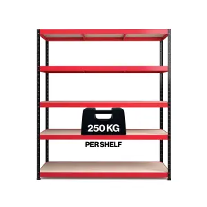 RB BOSS Garage Shelving Unit 5 Shelf MDF Red & Black Powder Coated Steel (H)1800mm (W)1600mm (D)600mm