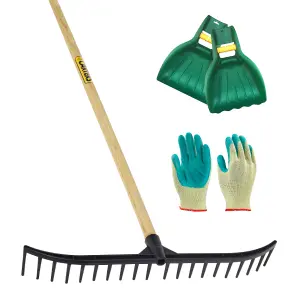 Pegdev - PDL - 20 Tooth Black Bunker Rake with Leaf Scoop Grab & Gardening Gloves - Heavy-Duty Garden Tool Set.