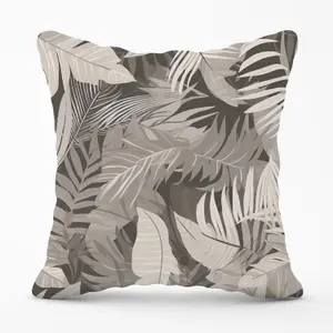 Grey Brown Tropical Leaves Outdoor Cushion 45cm x 45cm