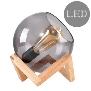 ValueLights Cruz Smoked Glass Globe Bedside Table Lamp on a Wooden Frame Base - Includes 4w LED Filament Bulb In Warm White