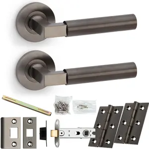 Door Handle & Latch Pack - Dark Bronze - Mitred Smooth Bar Lever On Round Rose