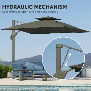 Outsunny 3(m)Garden Parasol Patio Umbrella w/ Hydraulic Mechanism Dual Top Grey