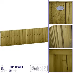 Flat Top Feather Edge Fence Panel (Pack of 5) Width: 6ft x Height: 2ft Vertical Closeboard Planks Fully Framed