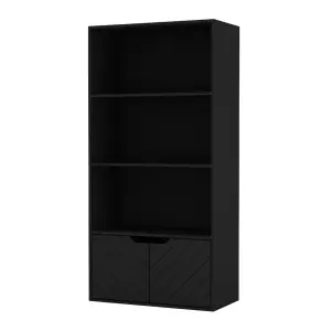 URBNLIVING 4 Tier Black Wooden Bookcase Cupboard with 2 Line Doors Storage Shelving Display Cabinet