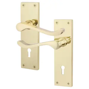 AFIT Polished Brass Victorian Scroll Door Handles for Key Lock - 1 Pair of Brass Internal Lever Lock Handles on Backplate