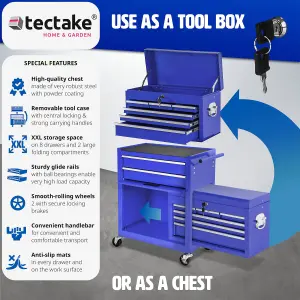 Tool Box - with wheels, 8 drawers, folding compartment, carry box attachment - blue