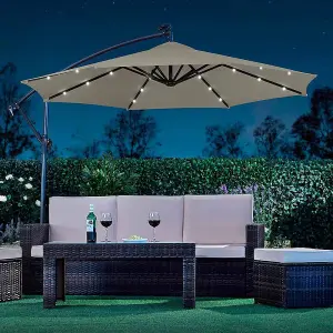 Garden Cantilever Solar LED Parasol & Cover Outdoor Umbrella 2.7m Crank Handle (Pale Grey)