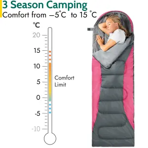 Adult Sleeping Bag 3 Season Single Person Warm Hood Carry Bag Trail Pink Alpine 250