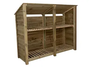 Wooden log store (roof sloping back) with kindling shelf W-227cm, H-180cm, D-88cm - natural (light green) finish