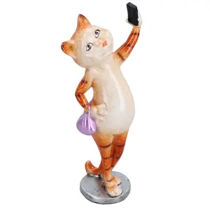 Ginger Slim Cat Taking Selfie Picture Ornament Statue Garden House Decor Resin