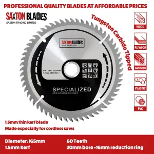 Saxton TCT165MXB Thin Kerf TCT Circular Saw Blades 165mm x 48 & 60 Teeth x 20mm Bore + 16mm Ring Pack of 2