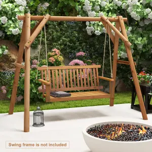 Costway Acacia Wood Porch Swing 2-Person Outdoor Patio Hanging Chair w/ Backrest