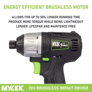 Mylek Cordless Li-ion Impact Drill Driver 20V Brushless, Variable Speed (0-2400RPM), 280Nm, 0-3200BPM, 2000Ah Battery