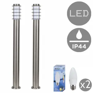 ValueLights Wharf Pair of - Modern Outdoor Stainless Steel Bollard Lantern Light Posts - 1 Metre - LED Candle Bulbs 3000K