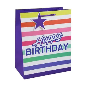 Eurowrap Stripe Happy Birthday Gift Bag (Pack of 12) White/Multicoloured (L)