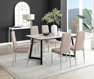 Furniturebox UK Carson White Marble Effect Dining Table & 6 Cappuccino Milan Chrome Leg Chairs