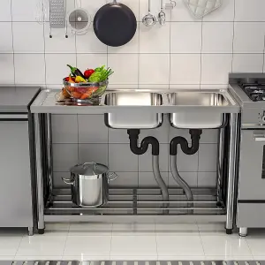 2 Compartments Commercial Freestanding Stainless Steel Kitchen Sink with Left Drainboard 120 cm