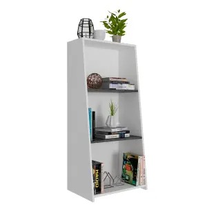 White Dallas low bookcase with 3 shelves, white & carbon grey oak effect