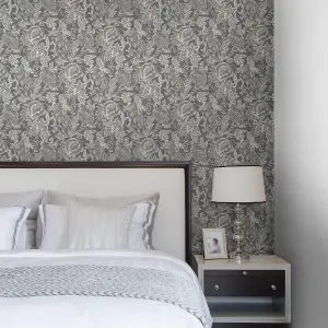 Grandeco Mae Painted Jungle Leaves Linen Textured Wallpaper, Charcoal Black