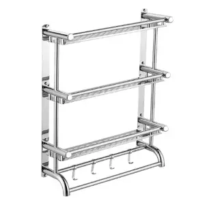 Chrome Wall Mounted Metal Bathroom Shelving Shower Organizer with Towel Rail Rack and Hook